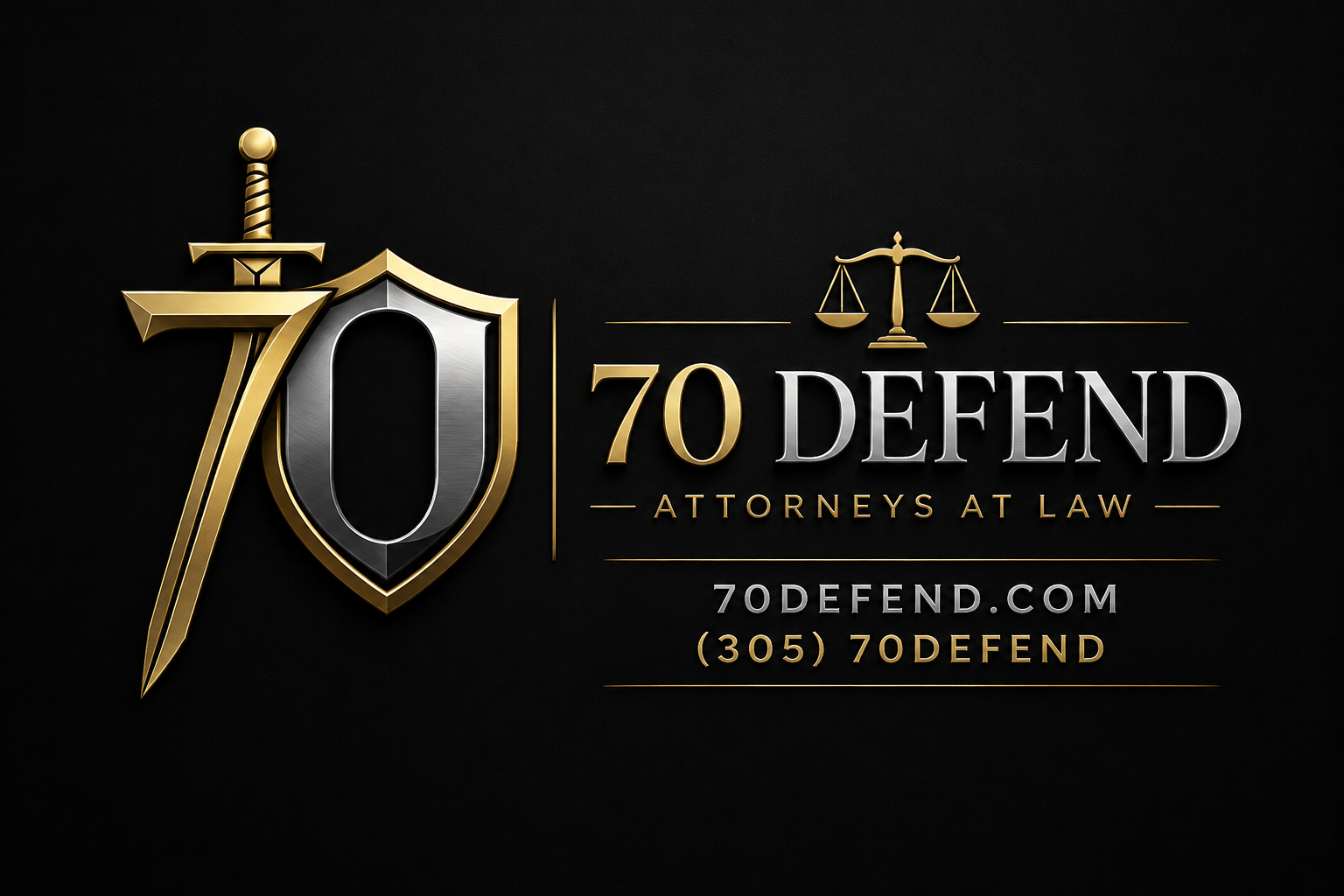 70Defend — Attorneys at Law. Sword and shield monogram with scales of justice.